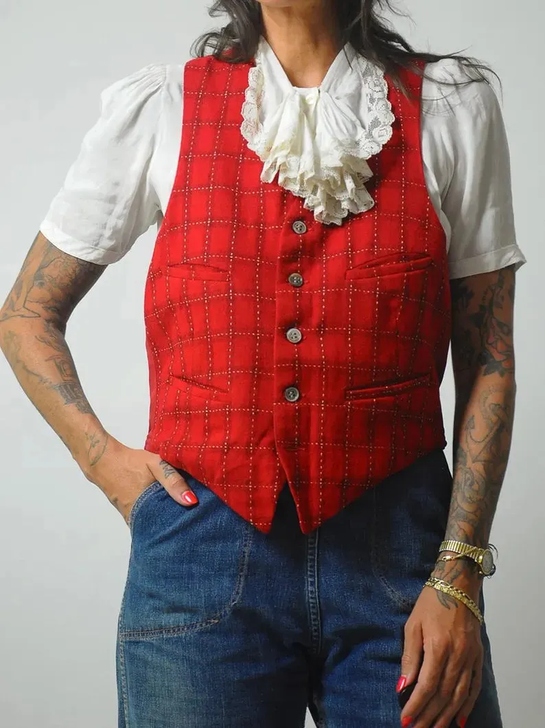 1950's Red Wool Plaid Vest