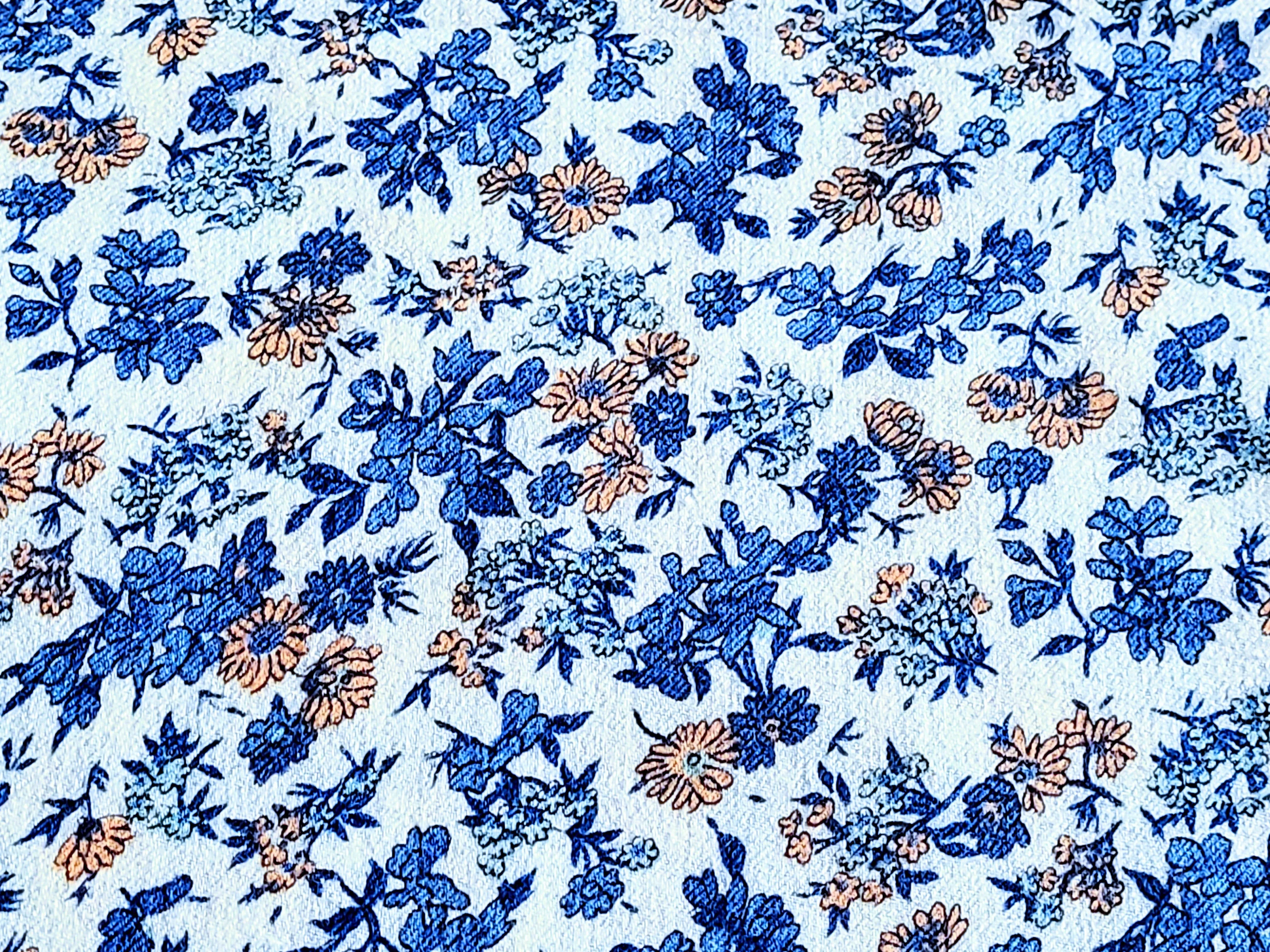 1960s 1970s Retro Fabric - Wool Challis - Floral Blue Yellow  - 6WLCH5