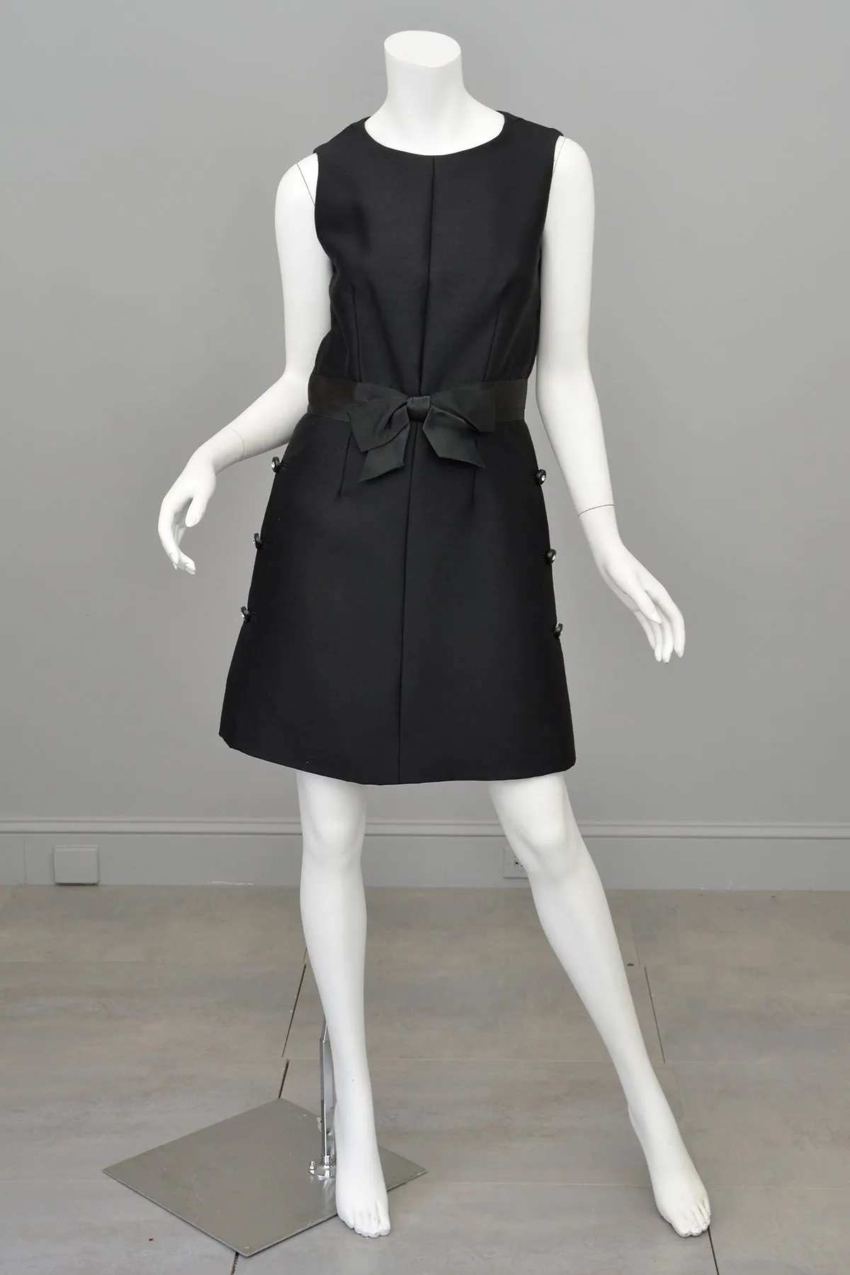 1960s MOD Little Black Dress with Crystal Buttons and 'Peplum' Skirt