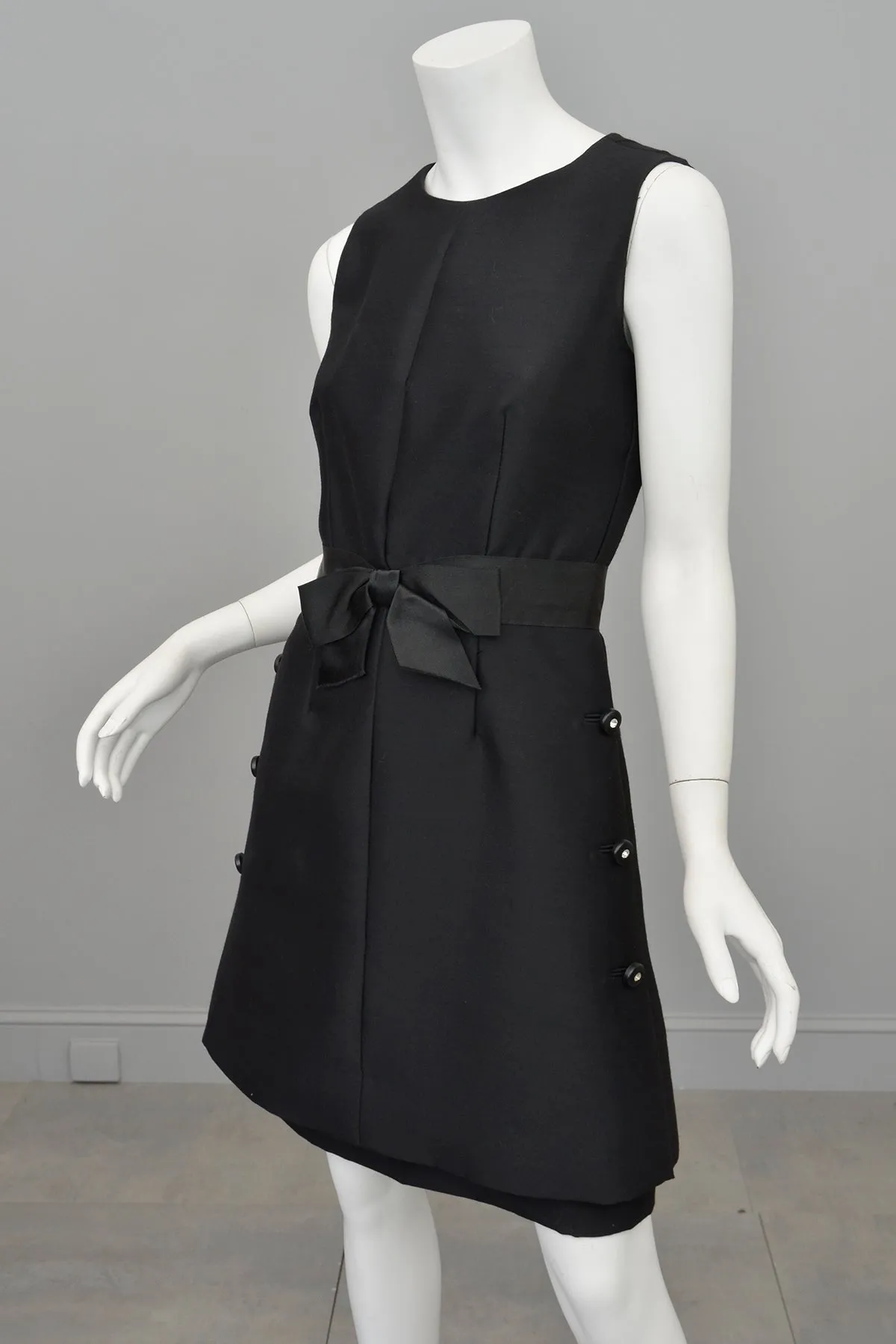 1960s MOD Little Black Dress with Crystal Buttons and 'Peplum' Skirt