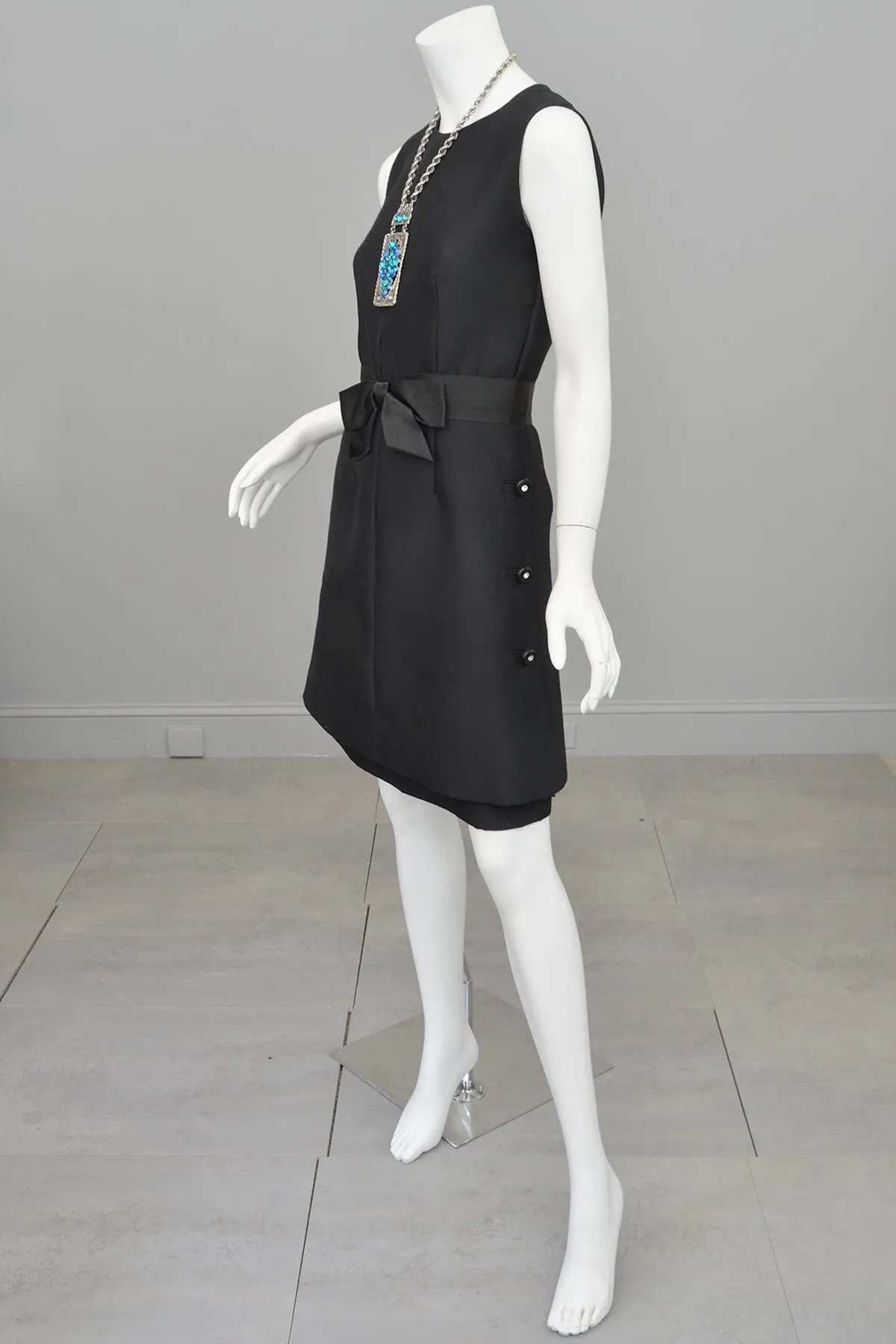 1960s MOD Little Black Dress with Crystal Buttons and 'Peplum' Skirt