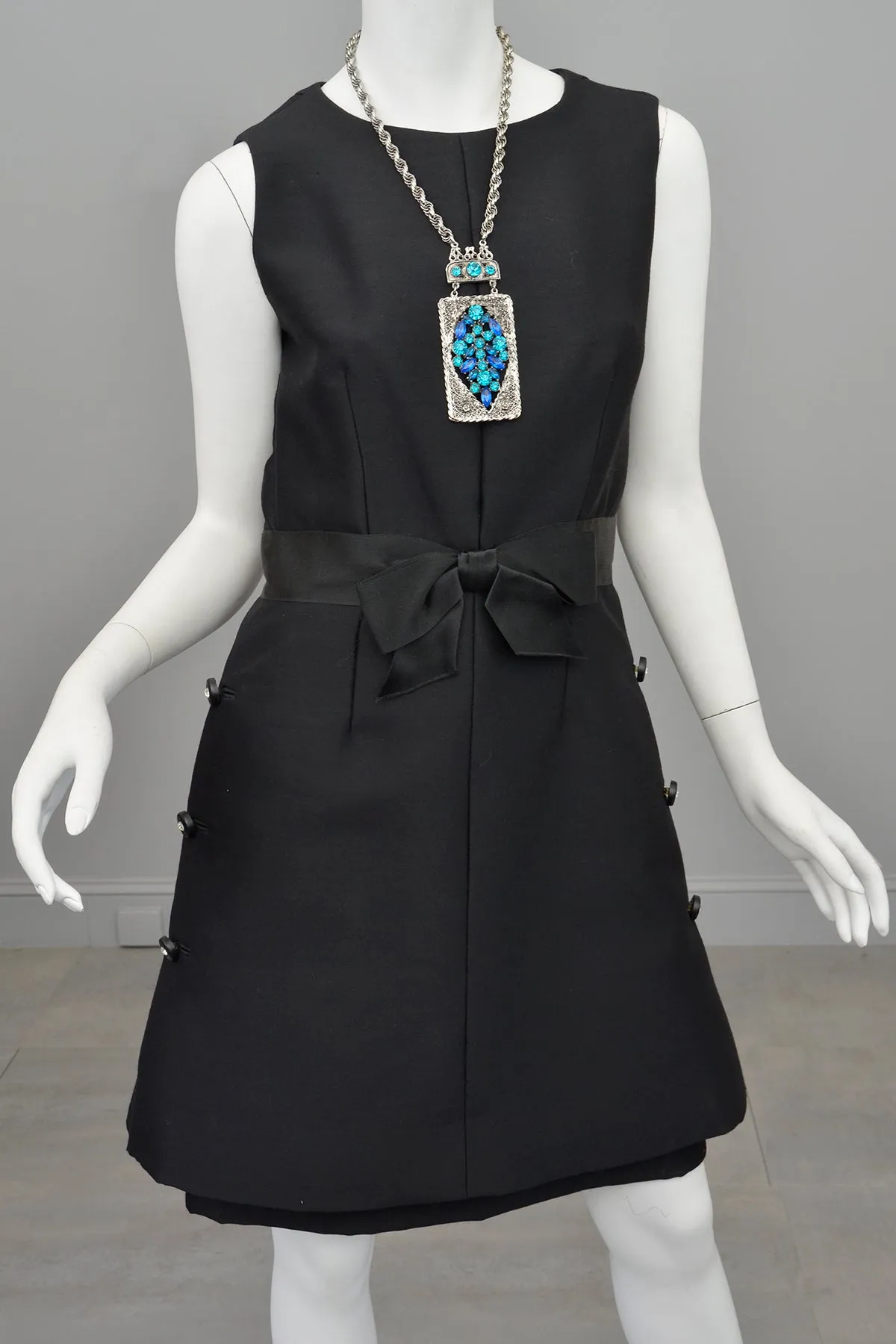 1960s MOD Little Black Dress with Crystal Buttons and 'Peplum' Skirt