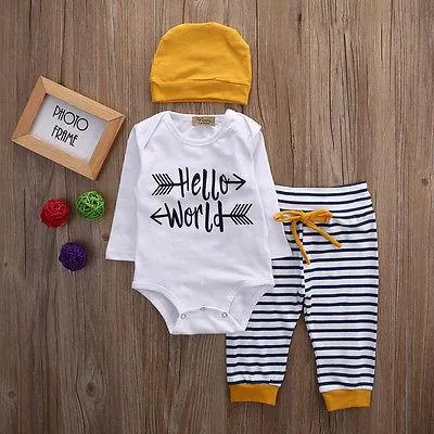 3pcs Baby Clothes Romper Long Sleeves Tops Pants Leggings Beanie Outfits Set