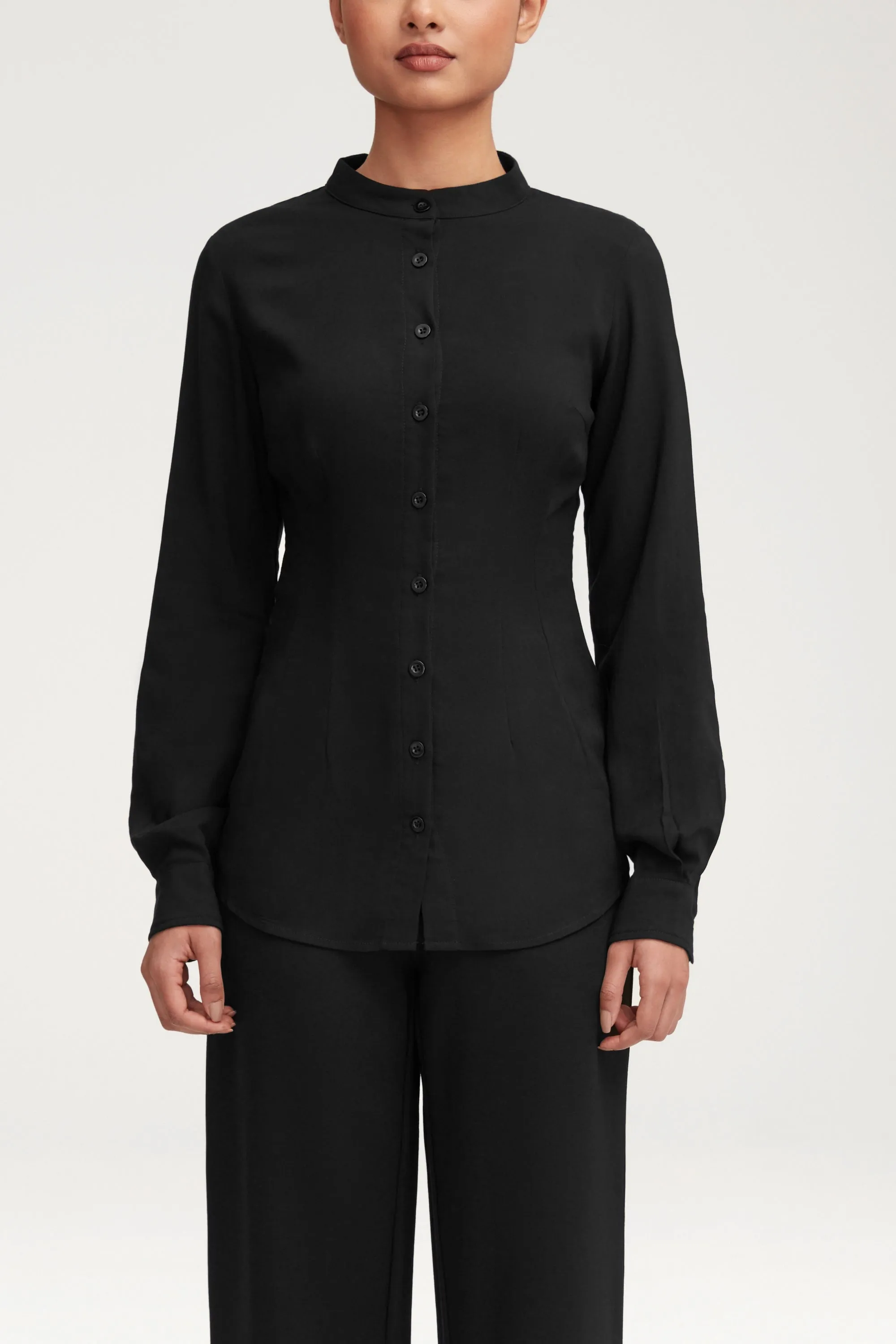 Adina Fitted Button Down Top - Black