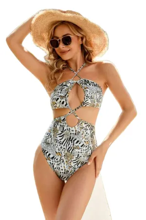 Animal Print Cutout Halter Neck One-Piece Swimsuit