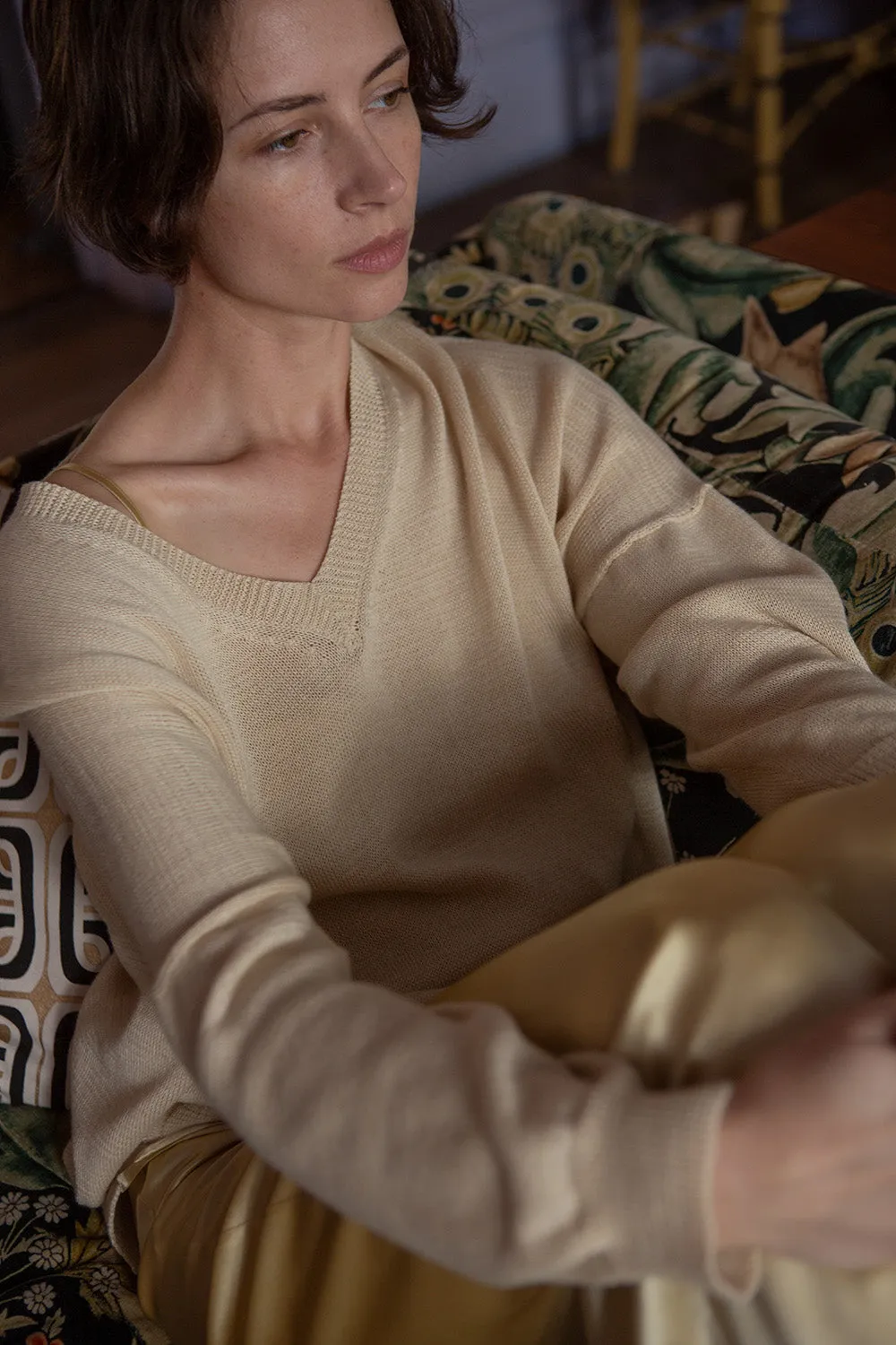 Anna Pima Cotton V Neck Pullover in Natural