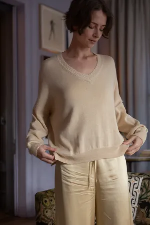 Anna Pima Cotton V Neck Pullover in Natural