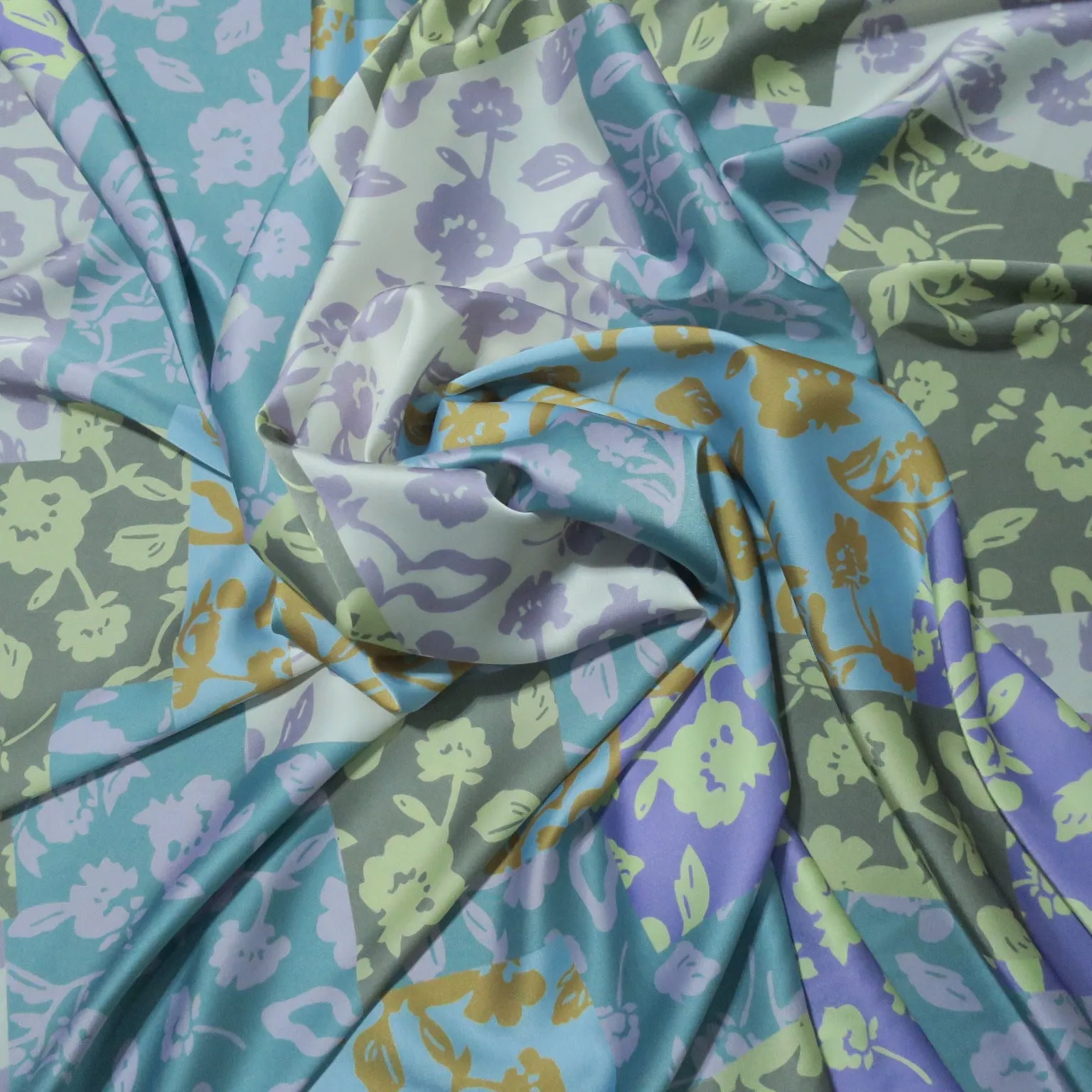 Aqua and Ivory Floral Charmeuse Polyester Fabric