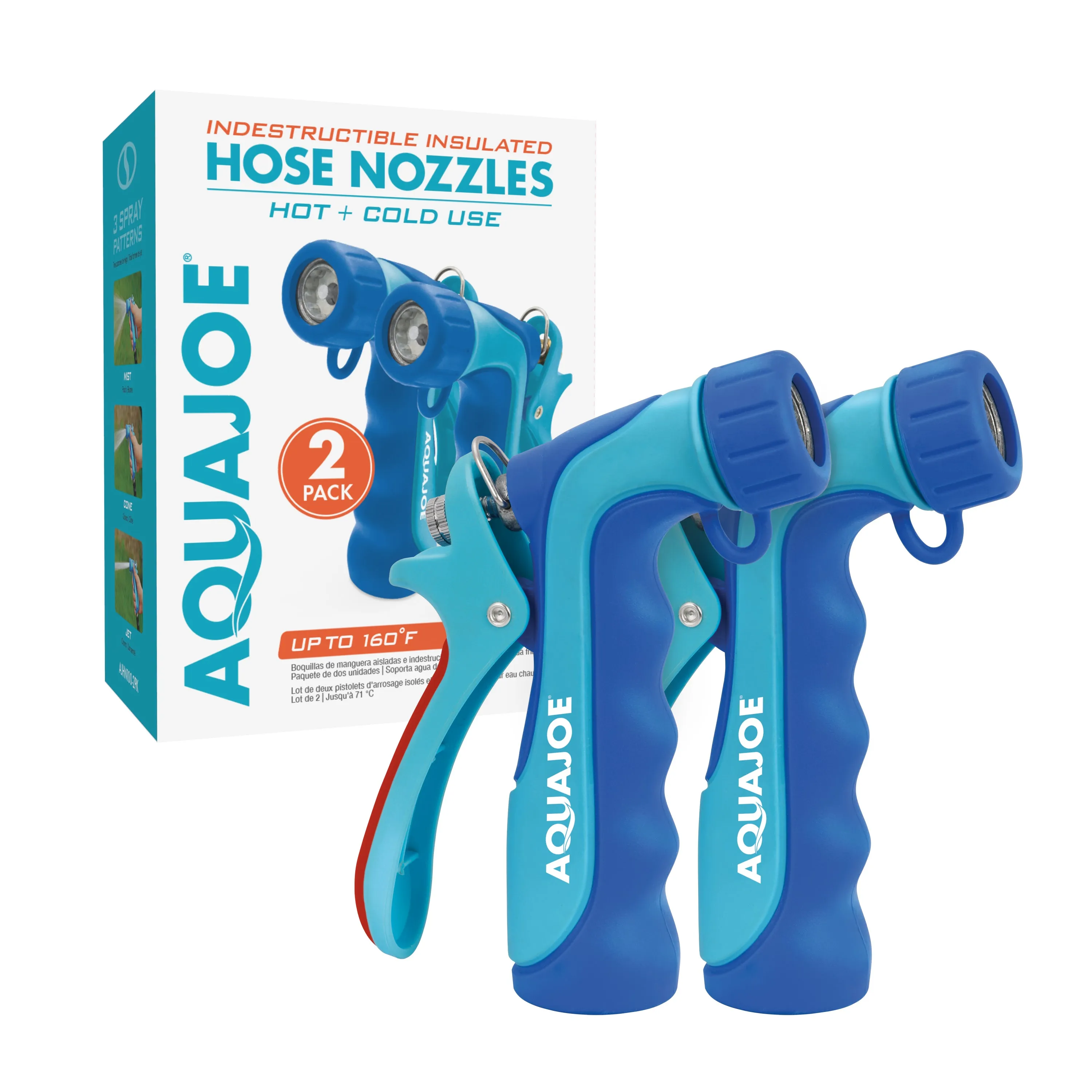 Aqua Joe AJHN100-2PK Indestructible Series Metal Insulated Nozzle | W/ Rubber Over Mold for Hot/Cold Use | 3-Spray Pattern | 2 Pack