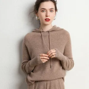 Autumn and Winter Women's Cashmere Hooded Sweater(Pants Not Included)