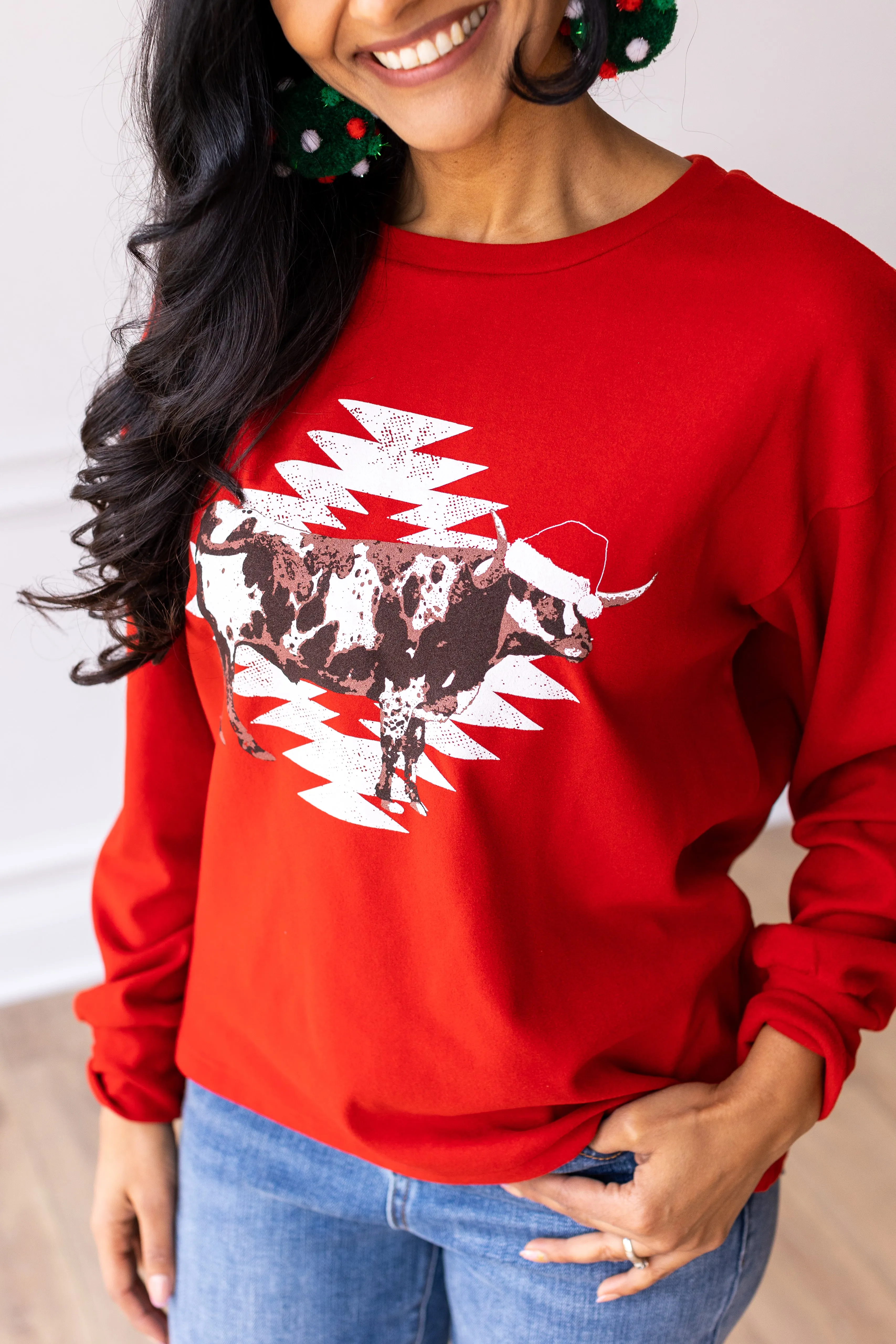 Aztec Cow on Red Crazy Cozy Microfleece Crewneck