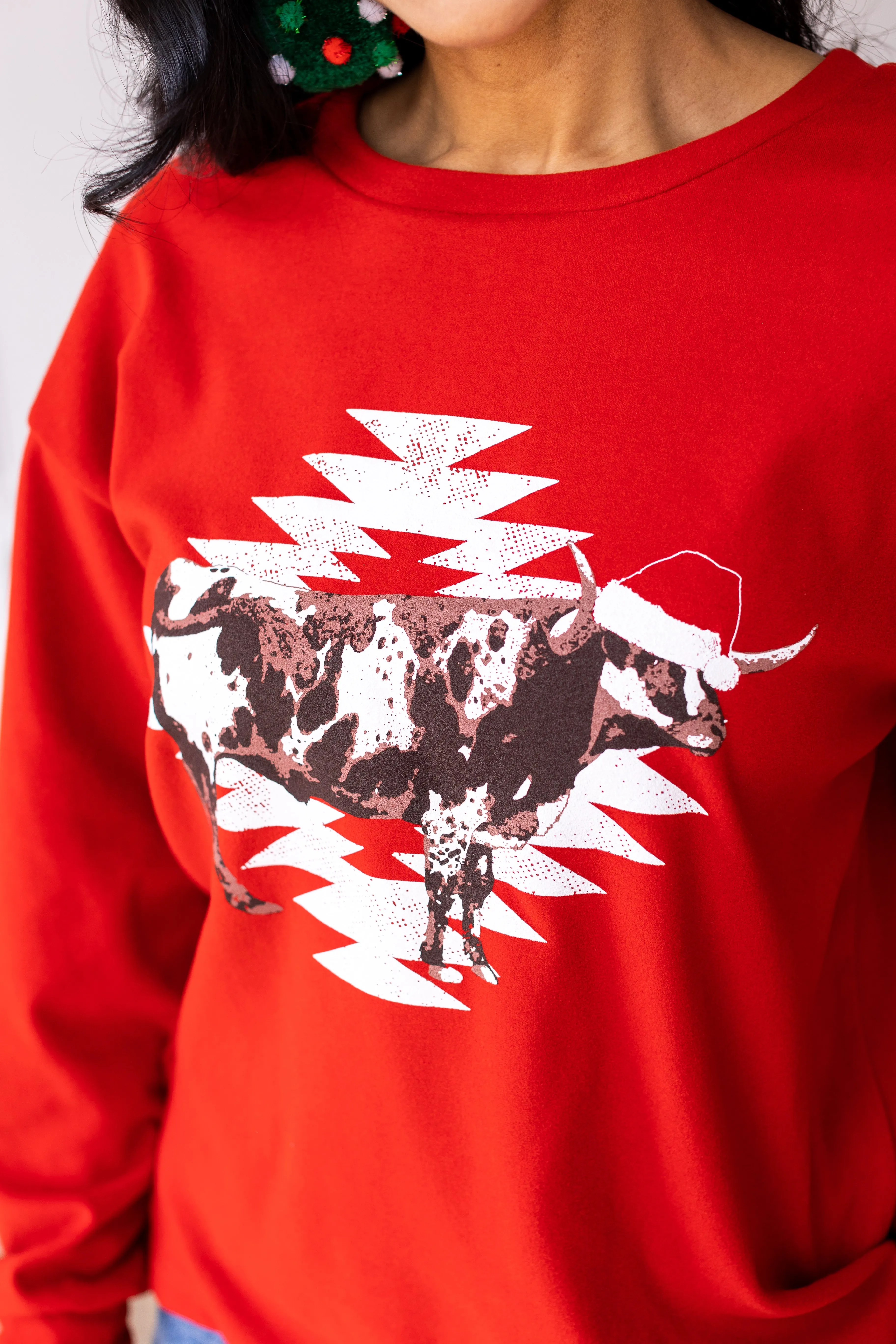 Aztec Cow on Red Crazy Cozy Microfleece Crewneck