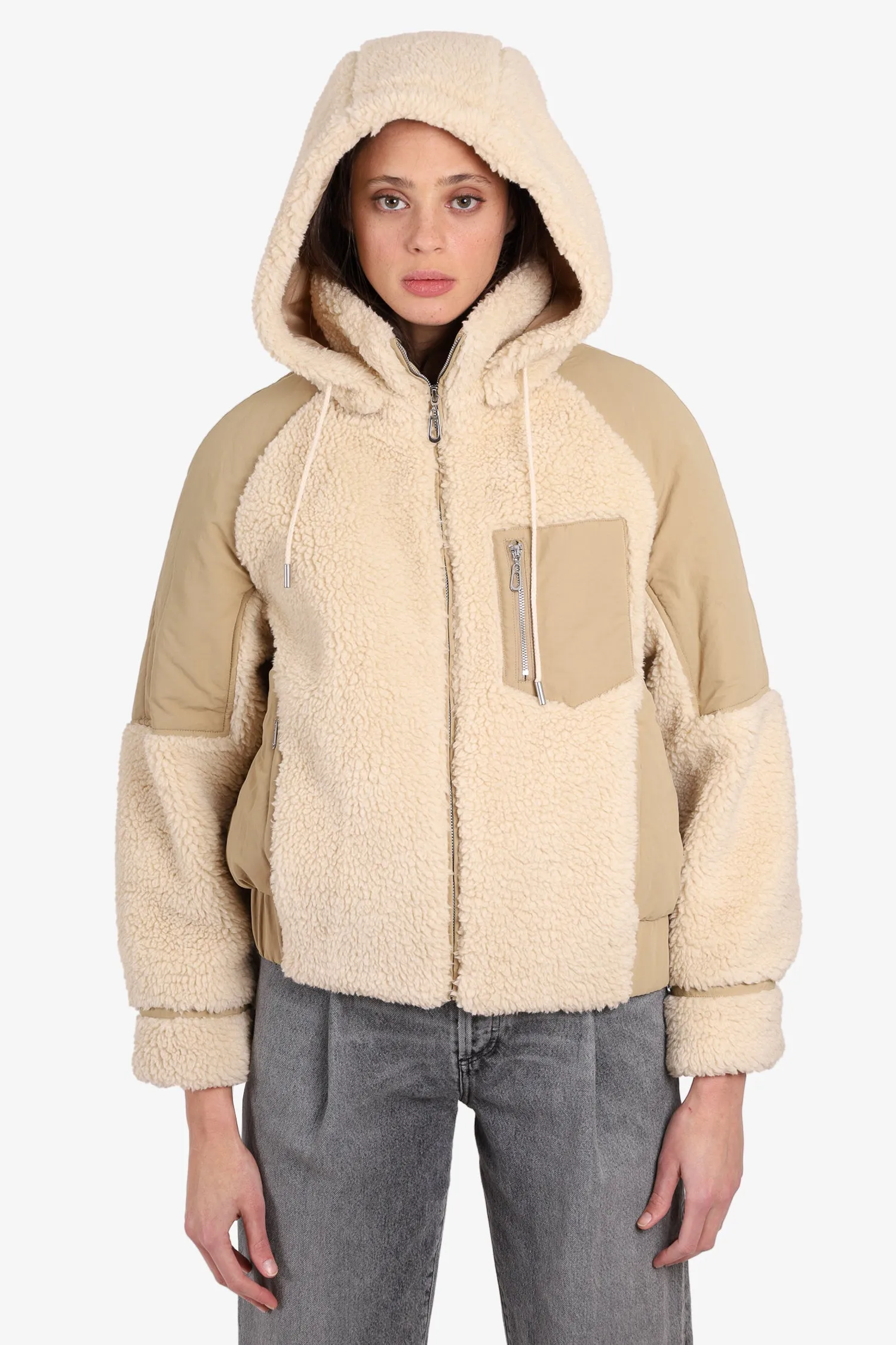 Ba&Sh Beige Teddy Puffer Jacket with Hood Size 2