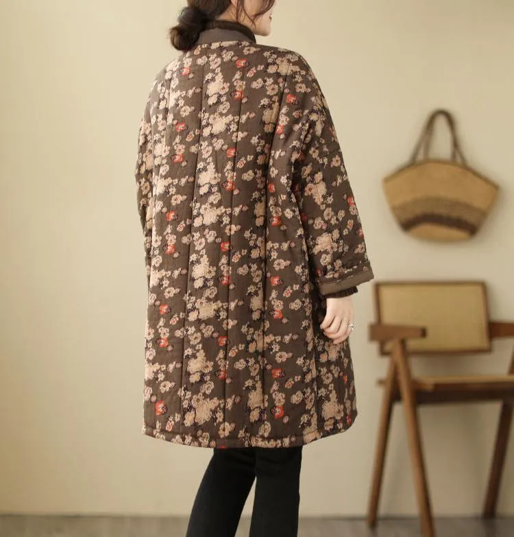 Babakud Women Winter Plus Size Retro Cotton Linen Printed Buttoned Quilted Coat