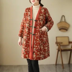 Babakud Women Winter Plus Size Retro Cotton Linen Printed Buttoned Quilted Coat