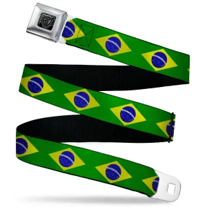 BD Wings Logo CLOSE-UP Black/Silver Seatbelt Belt - Brazil Flag Continuous Webbing