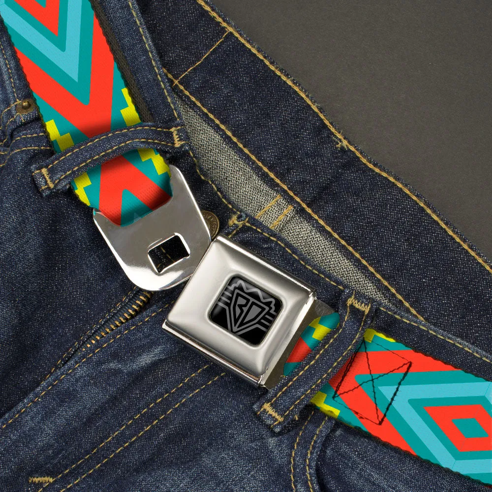 BD Wings Logo CLOSE-UP Black/Silver Seatbelt Belt - Geometric Diamonds Turquoise Blues/Orange/Yellow Webbing