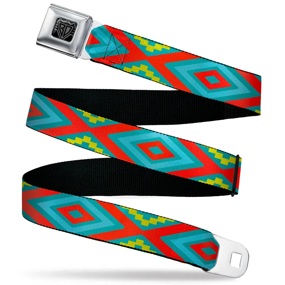 BD Wings Logo CLOSE-UP Black/Silver Seatbelt Belt - Geometric Diamonds Turquoise Blues/Orange/Yellow Webbing