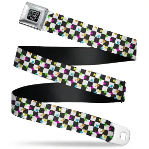 BD Wings Logo CLOSE-UP Black/Silver Seatbelt Belt - Mushrooms Scattered Checker Black/White/Multi Neon Webbing