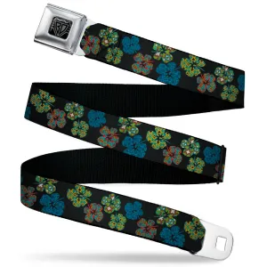 BD Wings Logo CLOSE-UP Black/Silver Seatbelt Belt - Pixilated Hibiscus Flowers Black/Multi Color Webbing