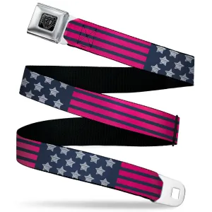 BD Wings Logo CLOSE-UP Black/Silver Seatbelt Belt - Stars & Stripes2 Blue/White/Pink Webbing