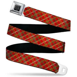 BD Wings Logo CLOSE-UP Black/Silver Seatbelt Belt - Tartan Plaid2 Red/Green/Yellow Webbing