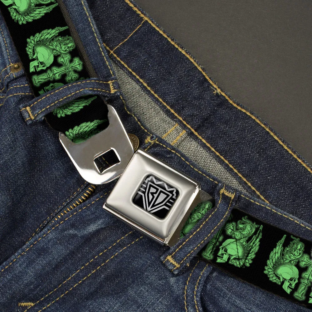 BD Wings Logo CLOSE-UP Full Color Black Silver Seatbelt Belt - BD Skulls w/Wings Black/Green Webbing