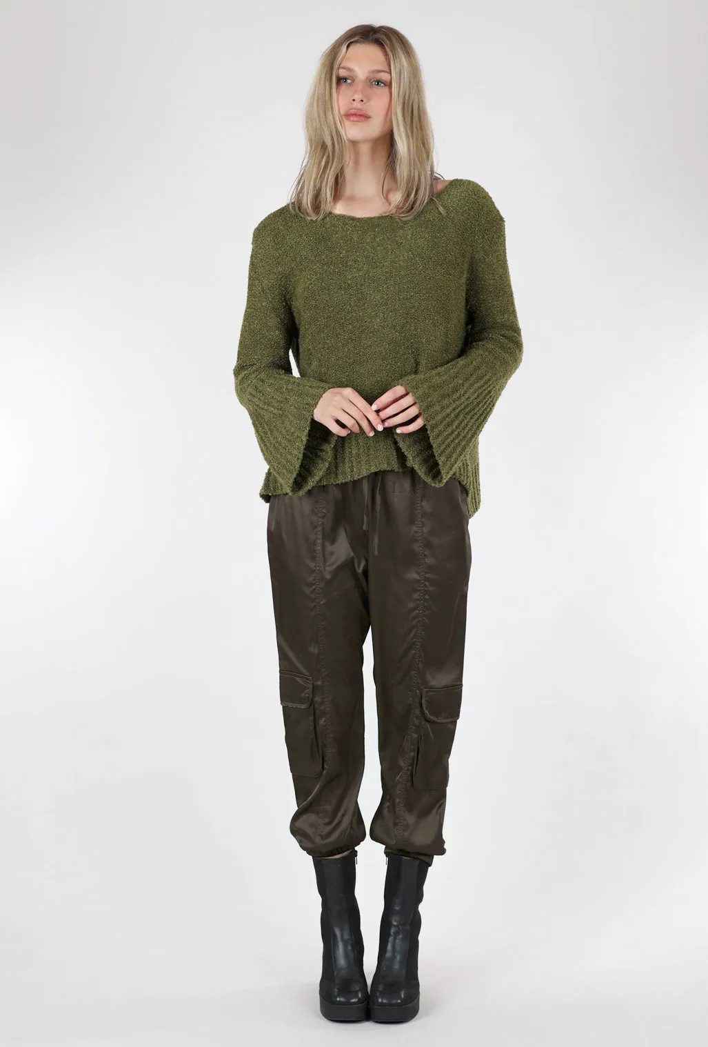 Bell-Sleeve Slouchy Sweater, Khaki Green