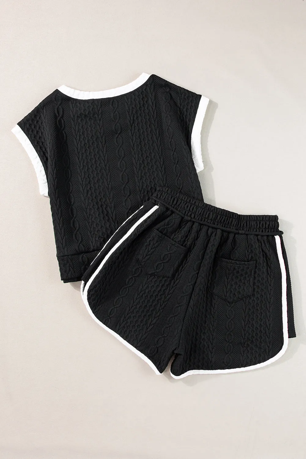 Black Contrast Trim Cable Textured Shorts Set