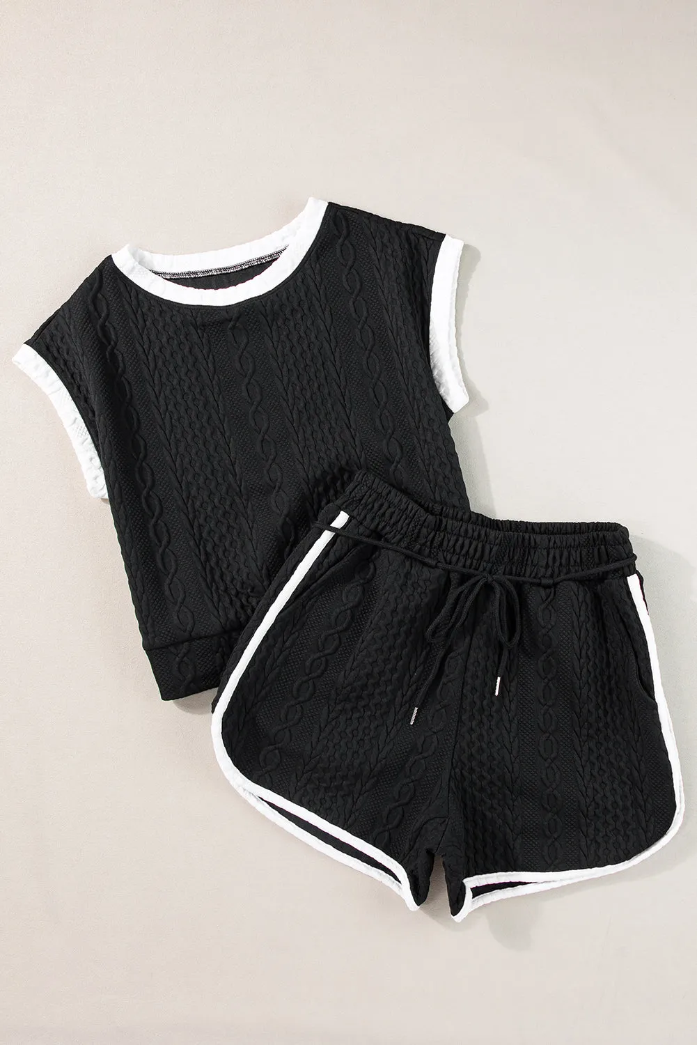 Black Contrast Trim Cable Textured Shorts Set