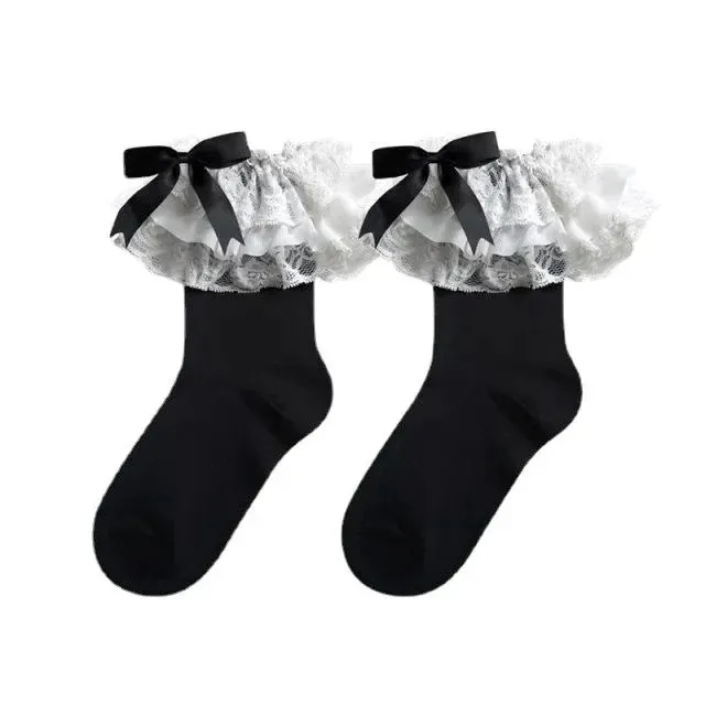 Black Kawaii Lolita Lace Calf Stockings