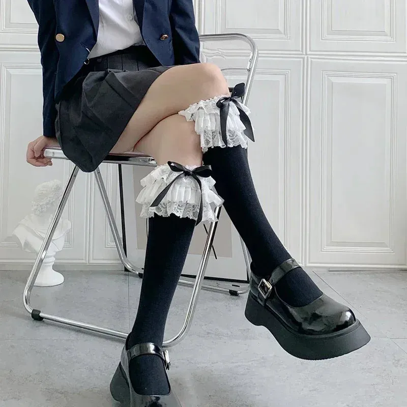 Black Kawaii Lolita Lace Calf Stockings