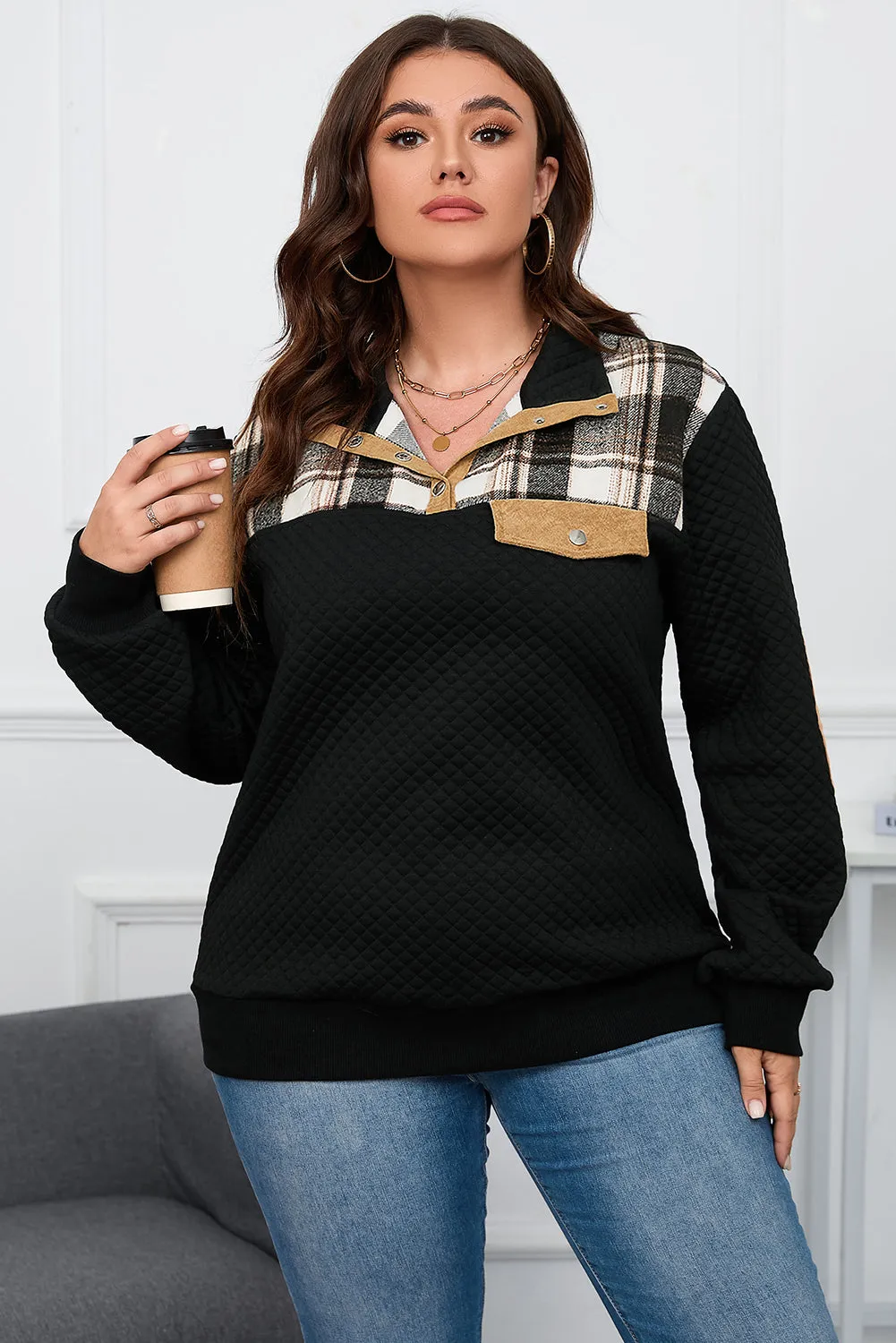 Black Plus Size Quilted Plaid Patch Henley Sweatshirt