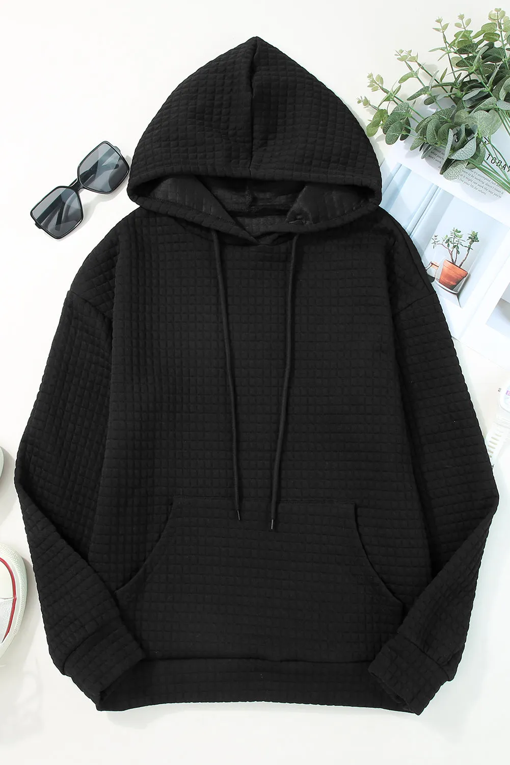 Black Quilted Kangaroo Pocket Drawstring Hoodie