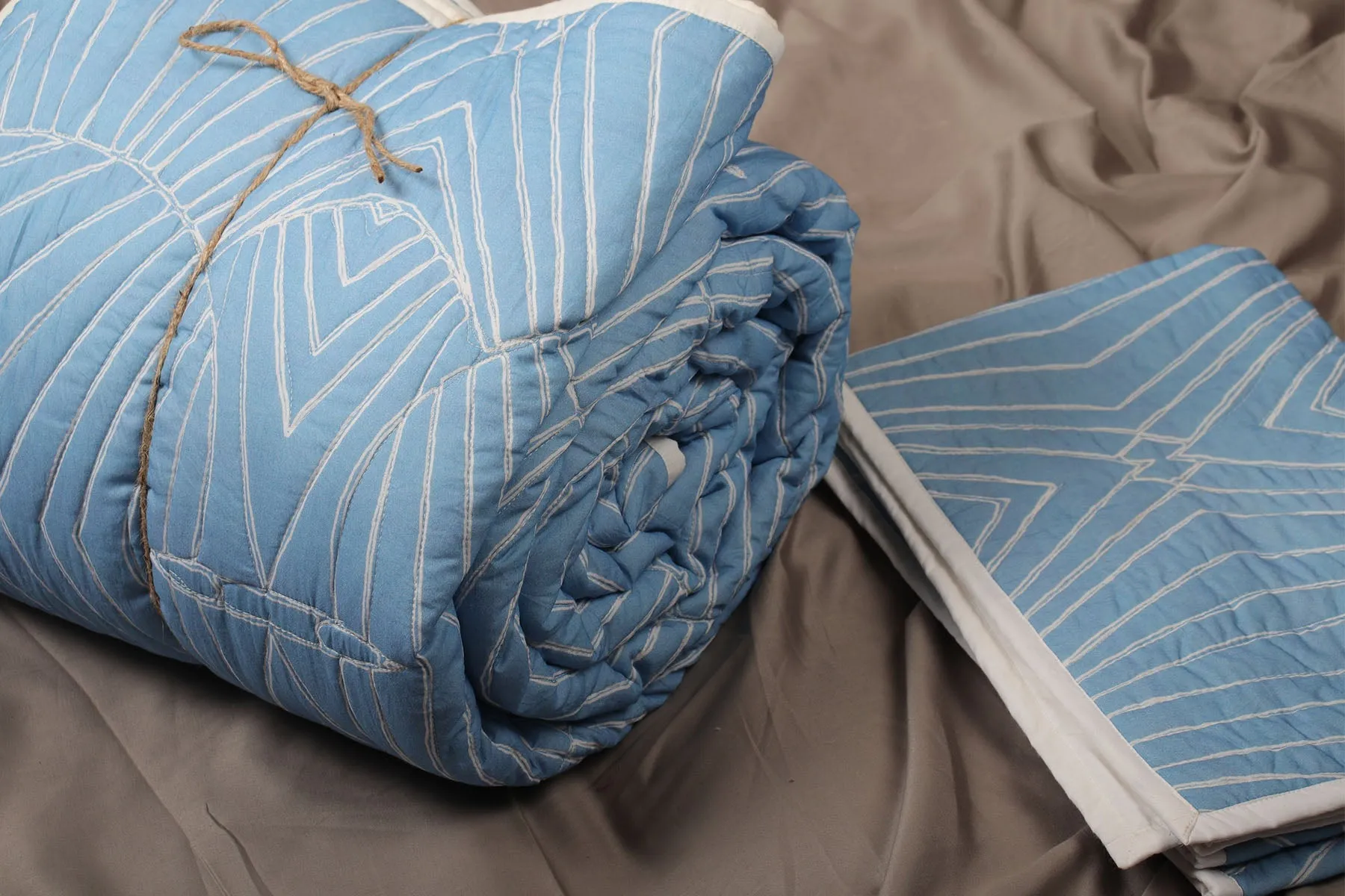 Blue Quilted Bedcover With Pillow Covers