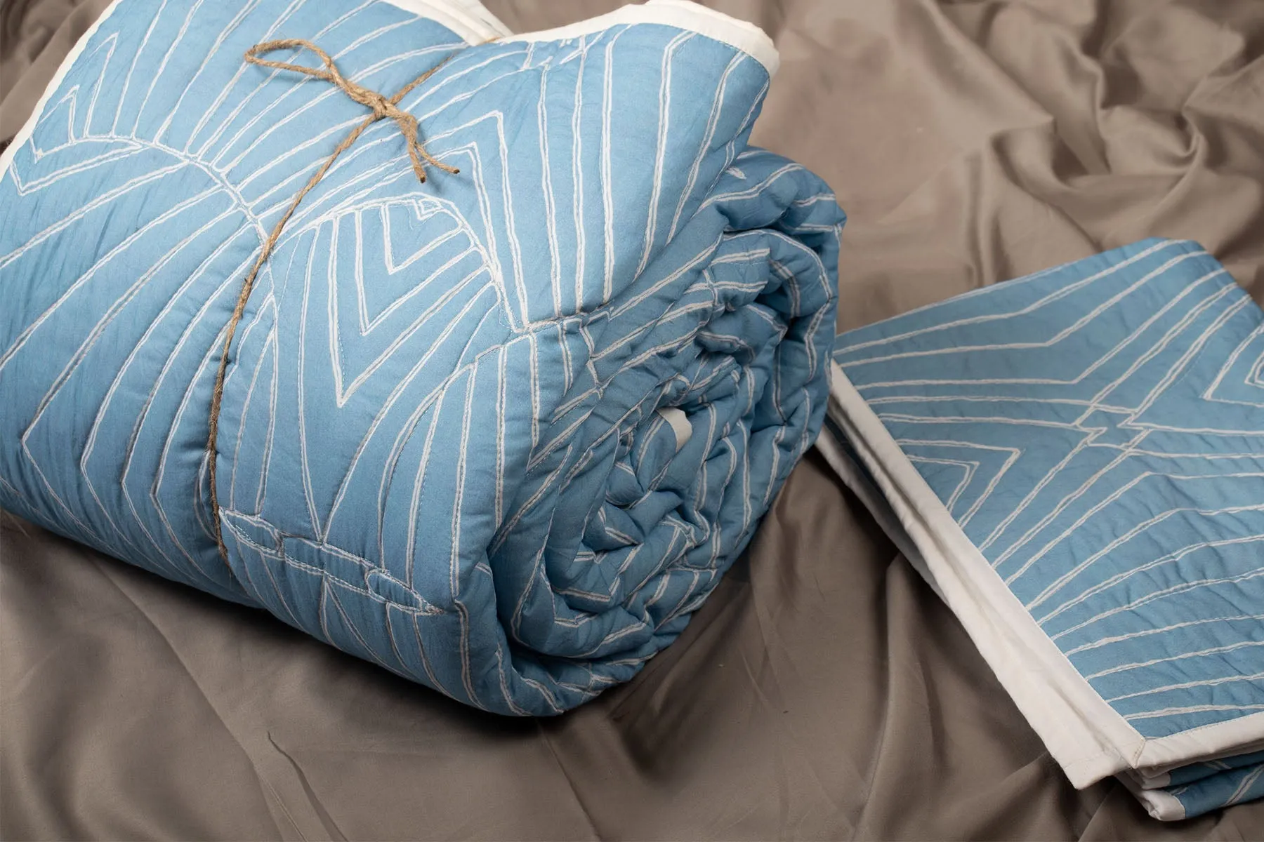 Blue Quilted Bedcover With Pillow Covers