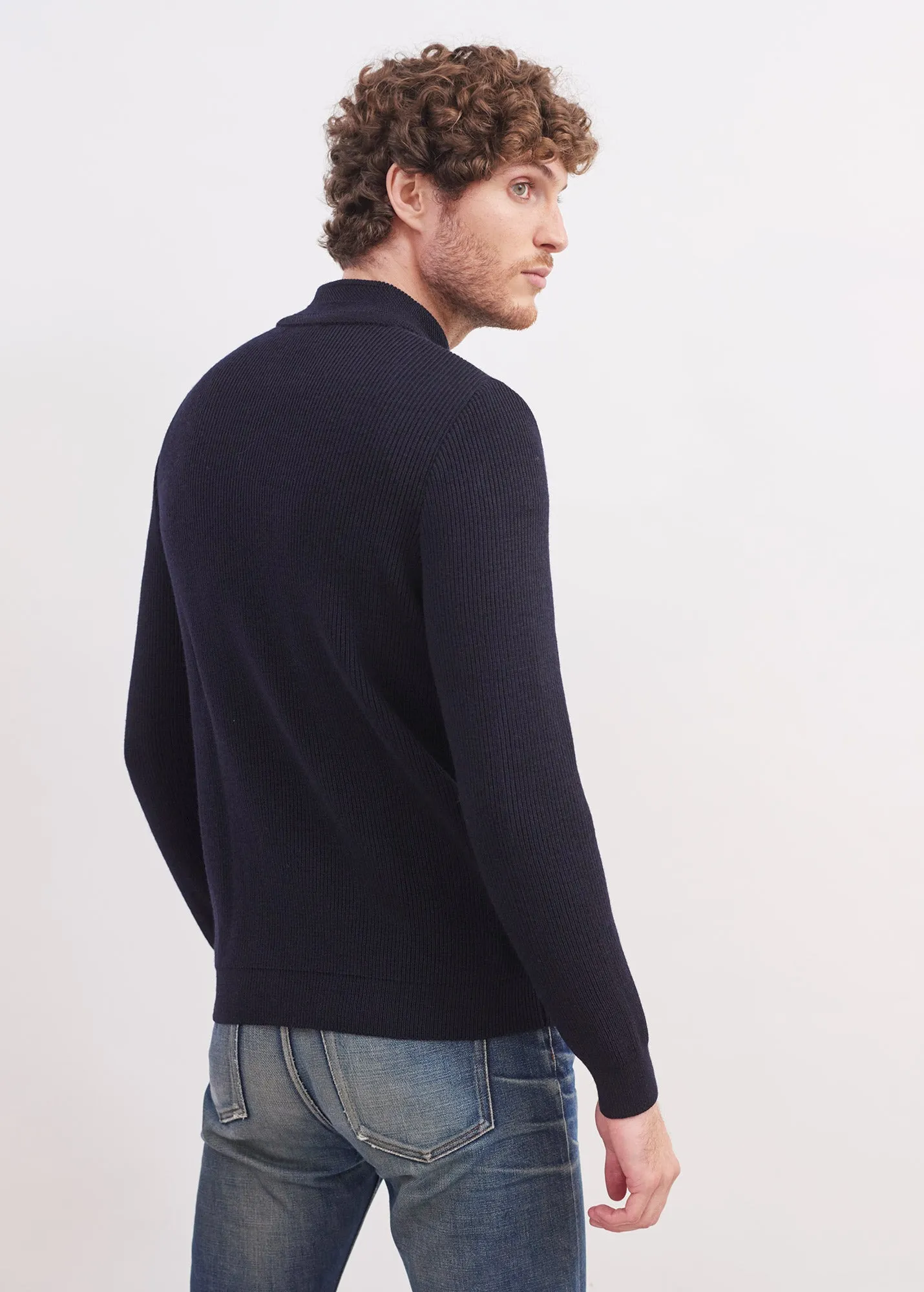 BOURBOULE - Buttoned High Collar Sweater for Men | Comfort Fit | 100% Wool (NAVY)