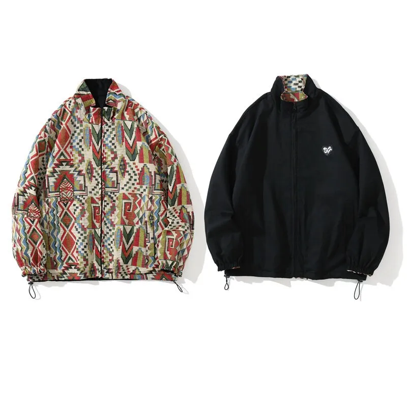 Brand Vintage Style Reversible Jacket Men Retro Geometry Pattern Harajuku Winter Windbreaker Streetwear Hip Hop Mens Clothing