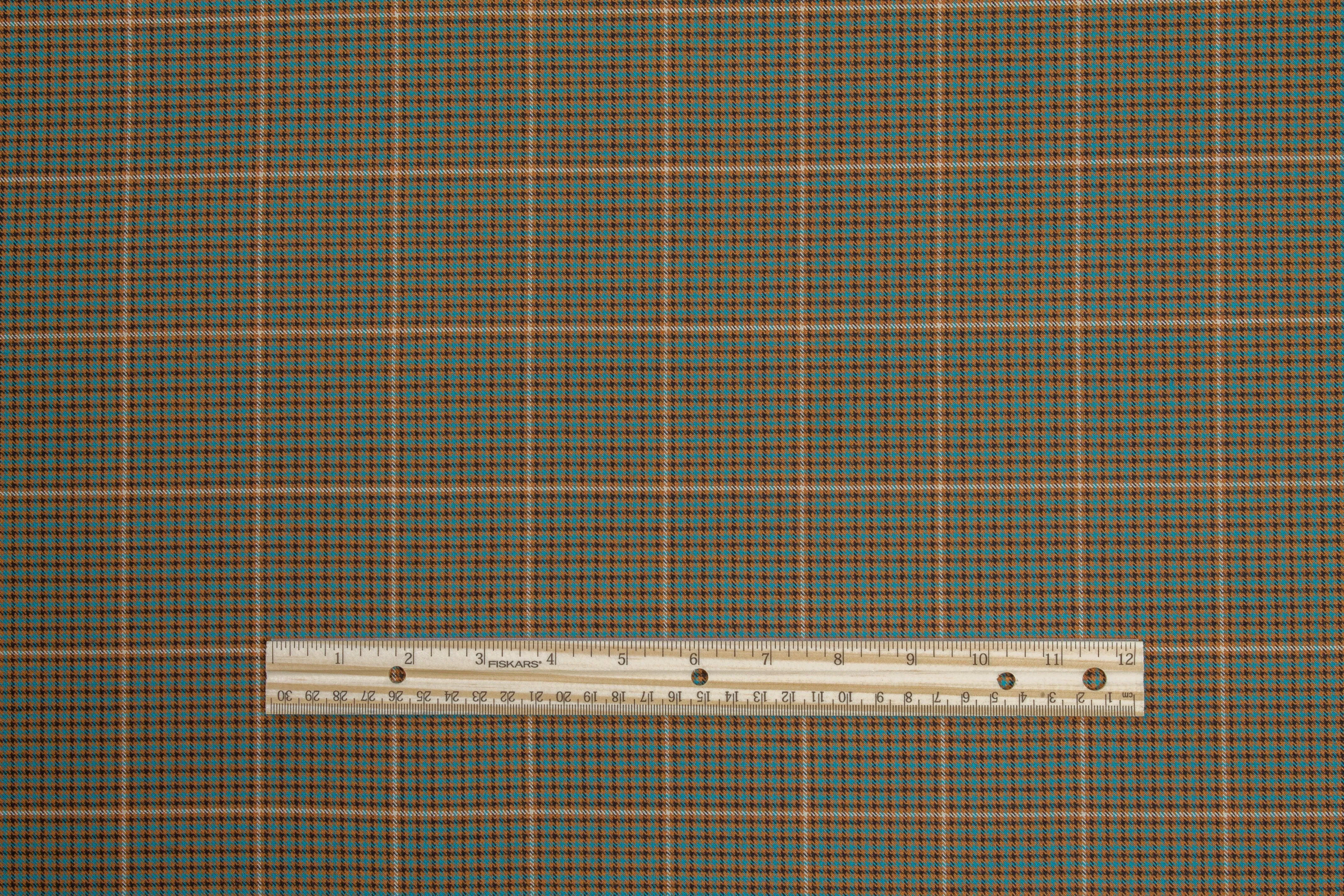 Brown and Teal Checked Italian Stretch Wool Suiting