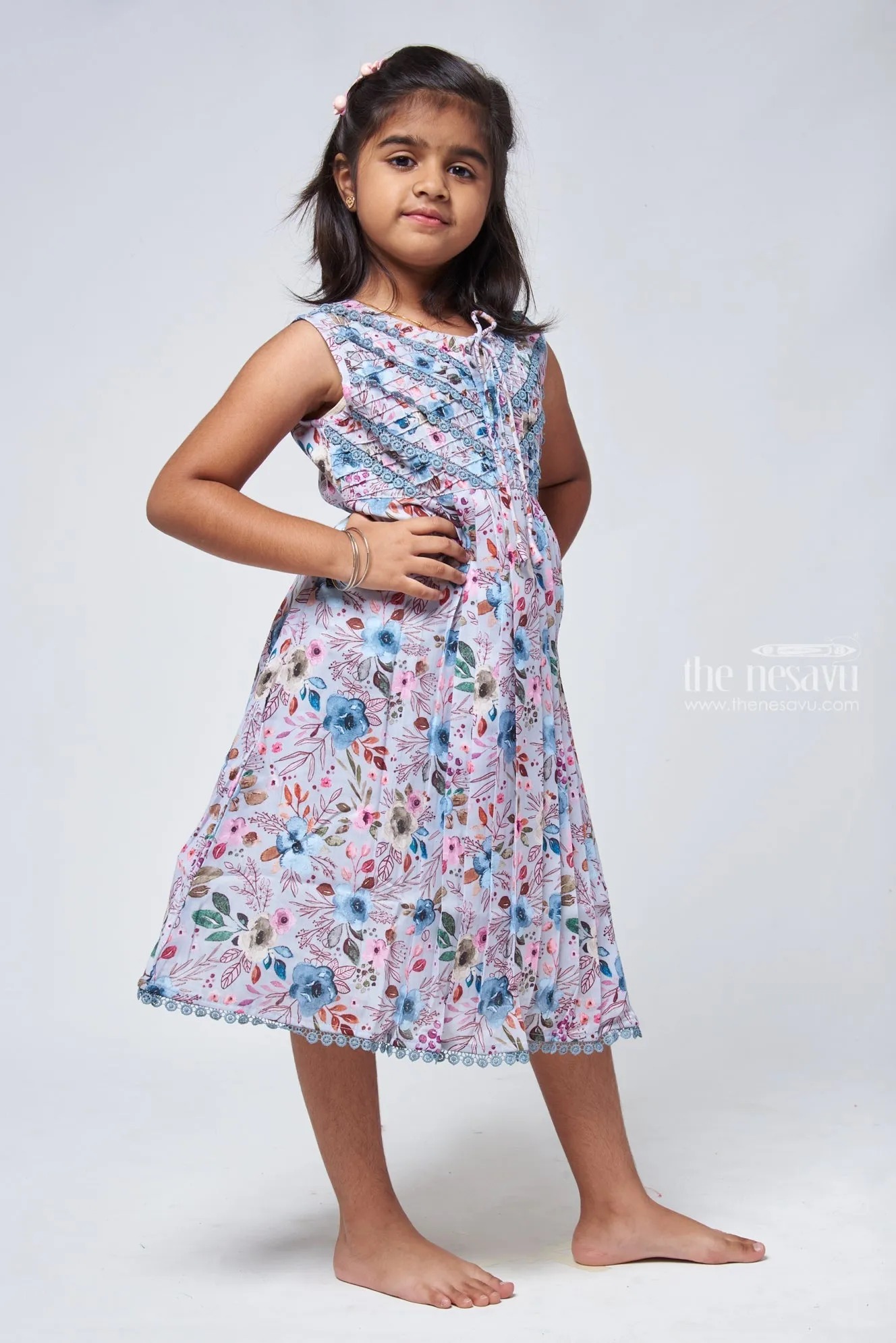 Chic Blue Floral Cotton Frock - Trendy Girls Dress