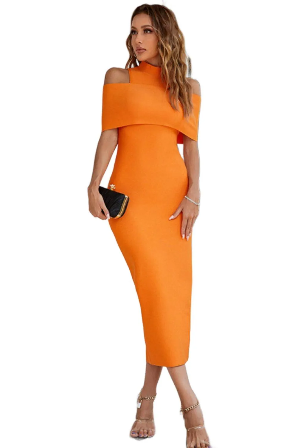 Cold-Shoulder Mock Neck Slit Midi Dress