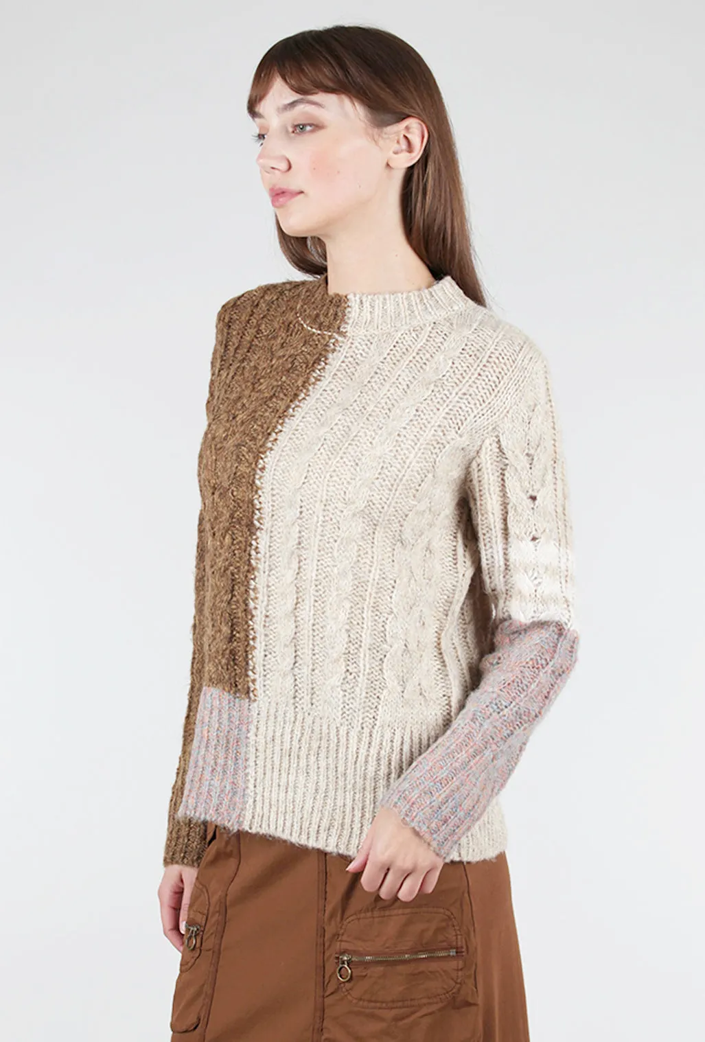 Color-Block Crew Sweater, Latte Mix