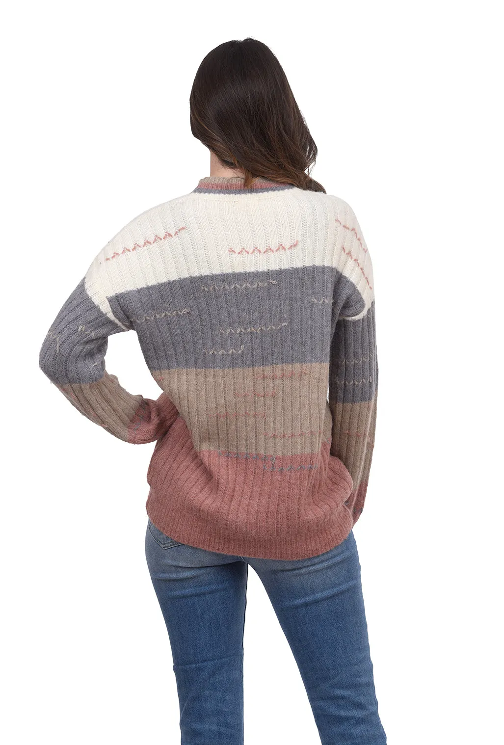 Color-Block Pulled Thread Sweater, Denim