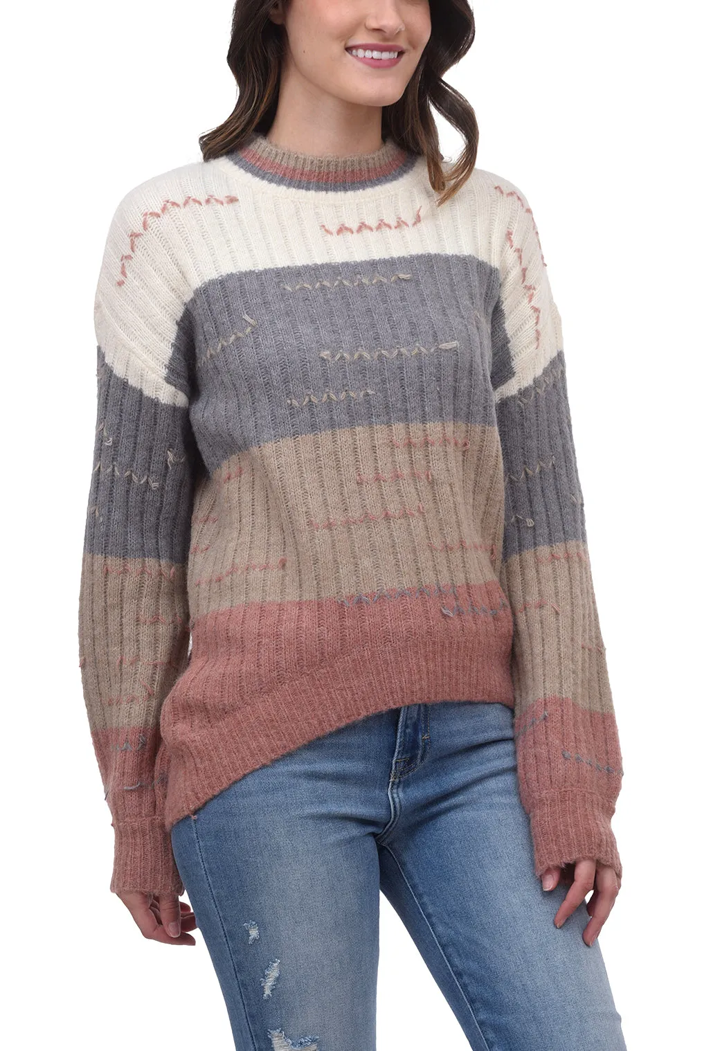 Color-Block Pulled Thread Sweater, Denim