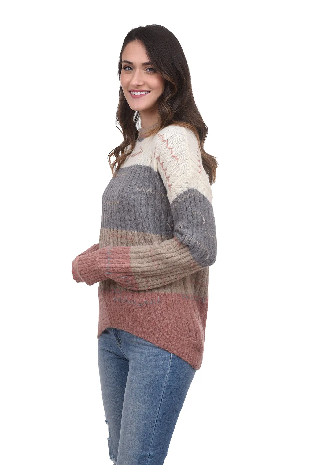 Color-Block Pulled Thread Sweater, Denim