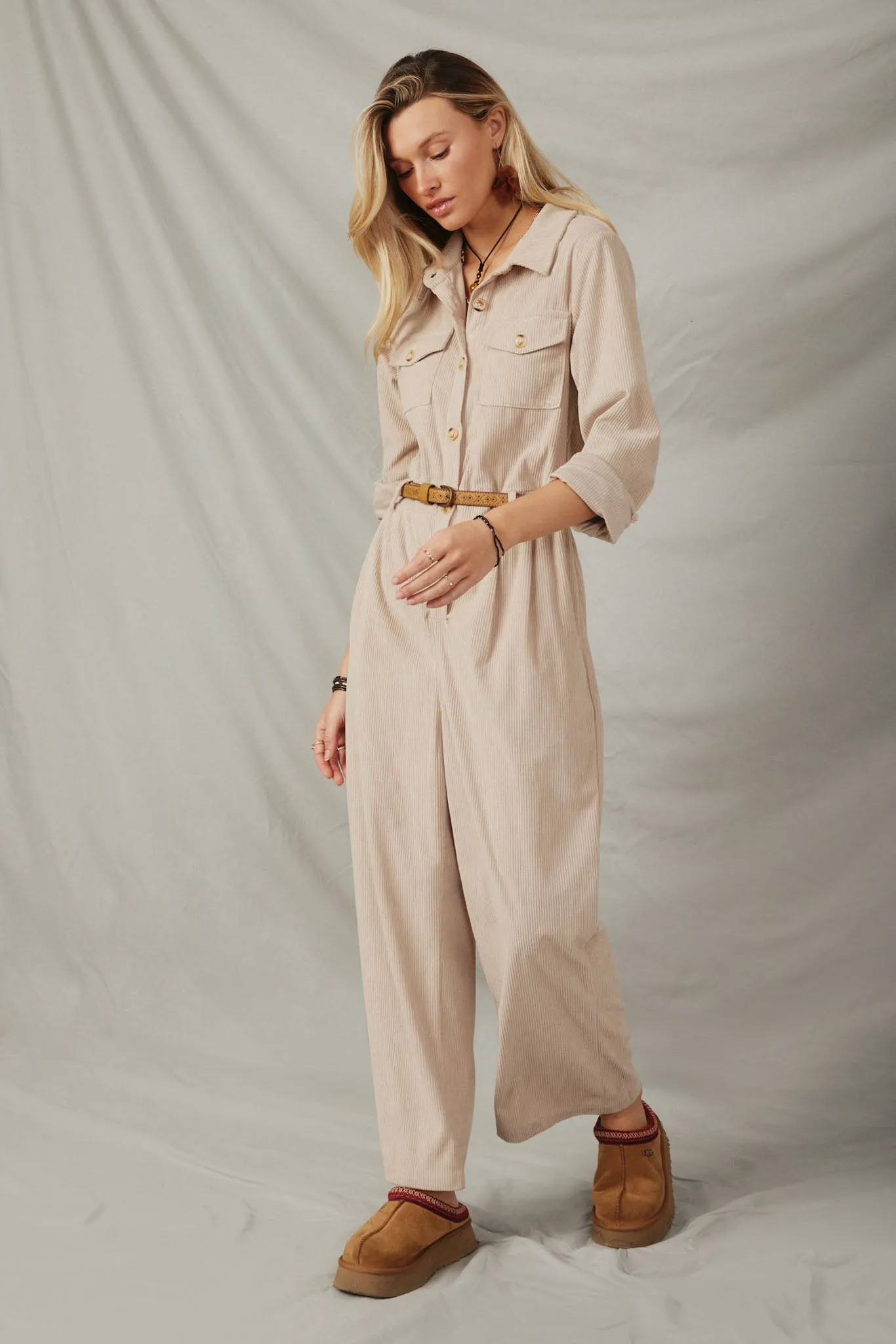 Corduroy Collared Wide Leg Jumpsuit