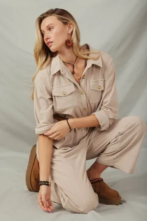 Corduroy Collared Wide Leg Jumpsuit