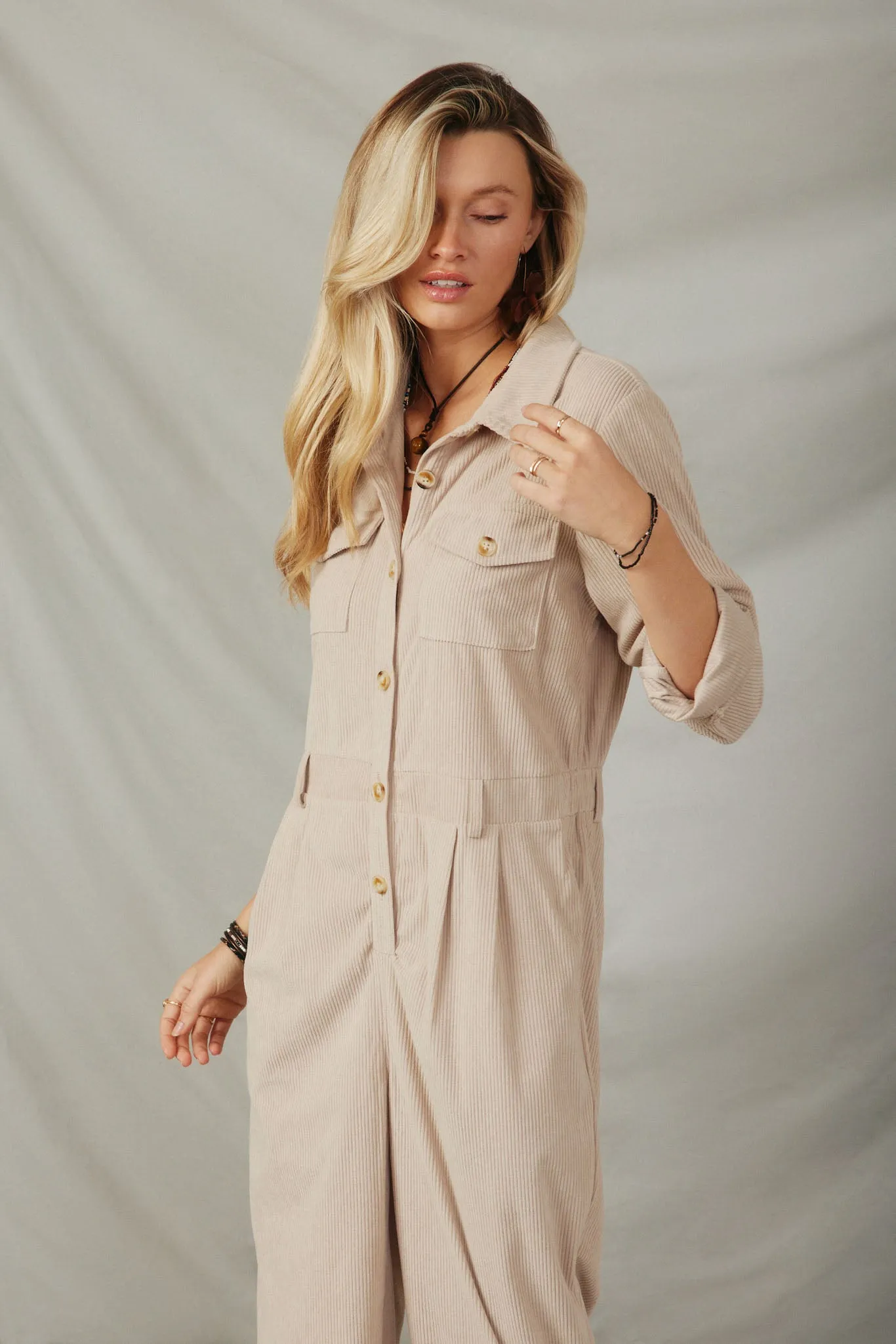 Corduroy Collared Wide Leg Jumpsuit