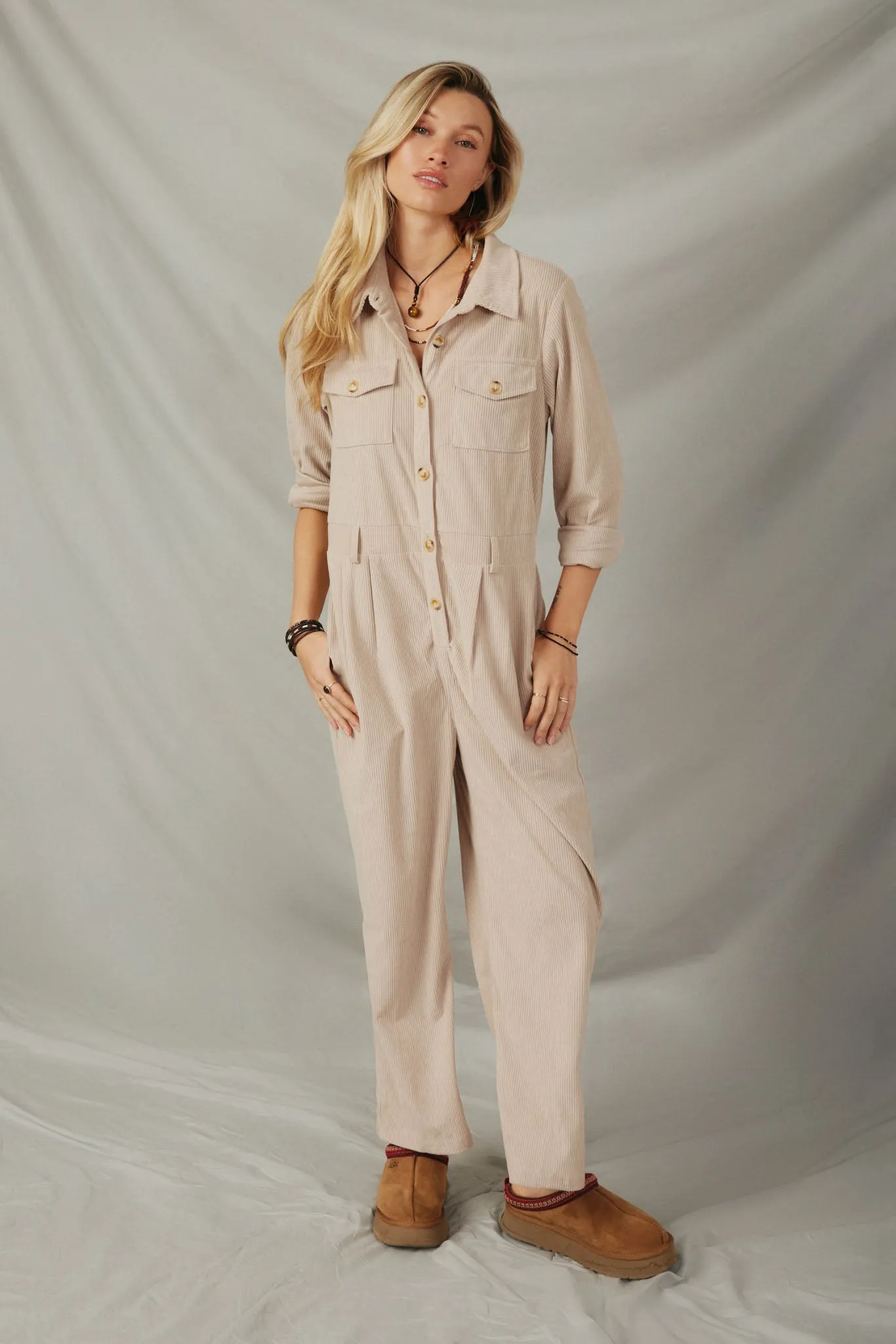 Corduroy Collared Wide Leg Jumpsuit