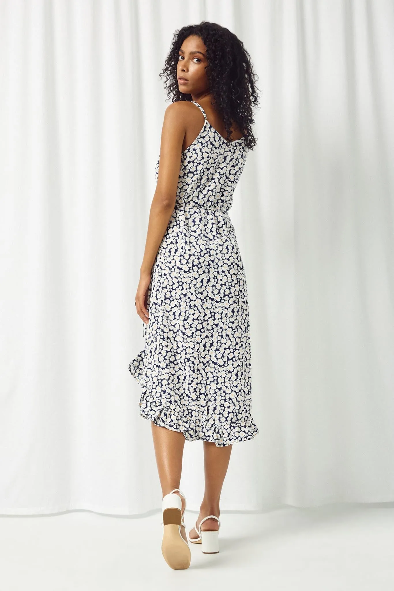 Daisy Print Tie Waist Ruffle Hem Dress